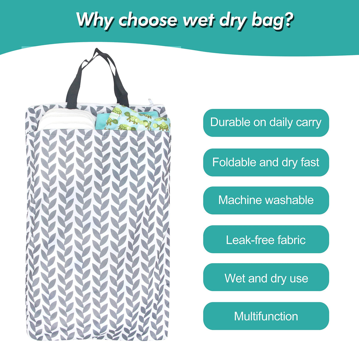 wegreeco Reusable Hanging Wet Dry Cloth Diaper Bag (Grey Leaf, Grey)