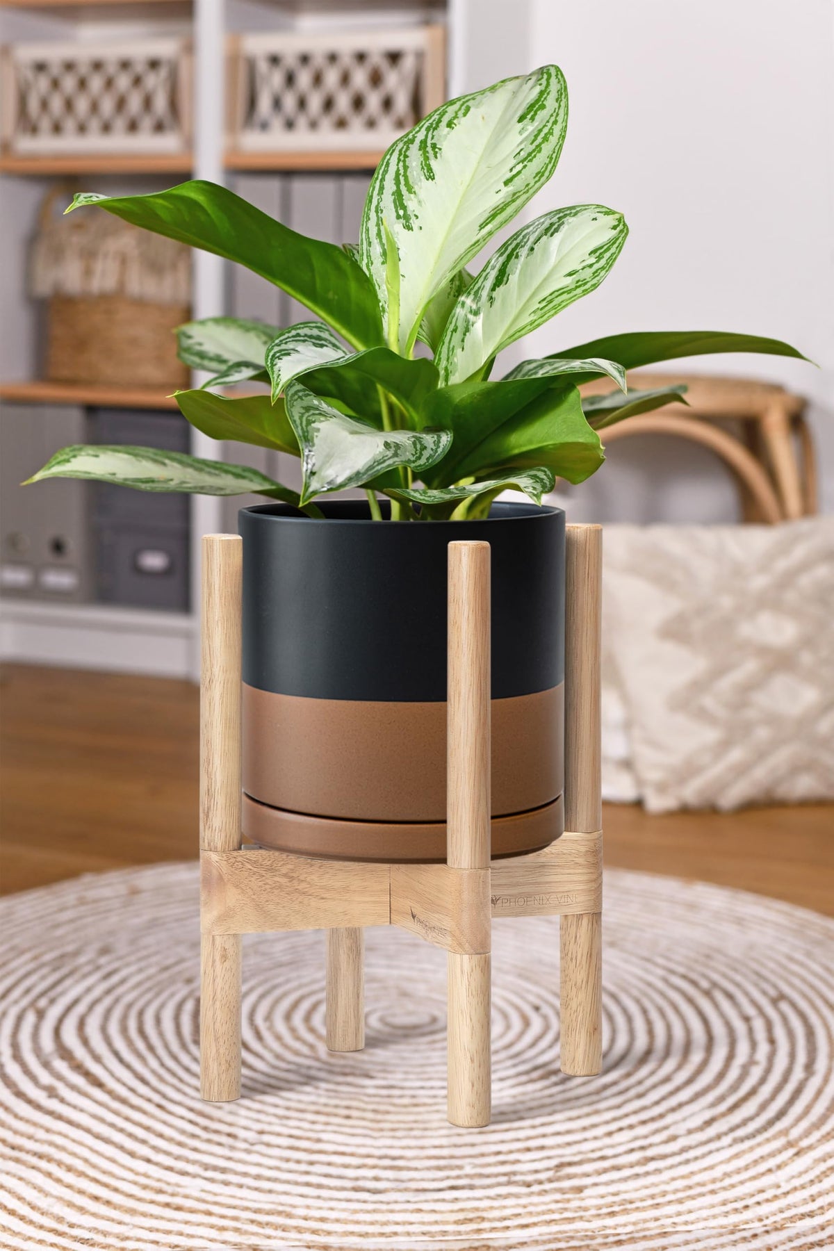 D'vine Dev Ceramic Planter with Natural Stand - 8 Inch Modern Round Flower Pot with Wood Planter Holder, Black/Speckled Tan, 55-B-N-7