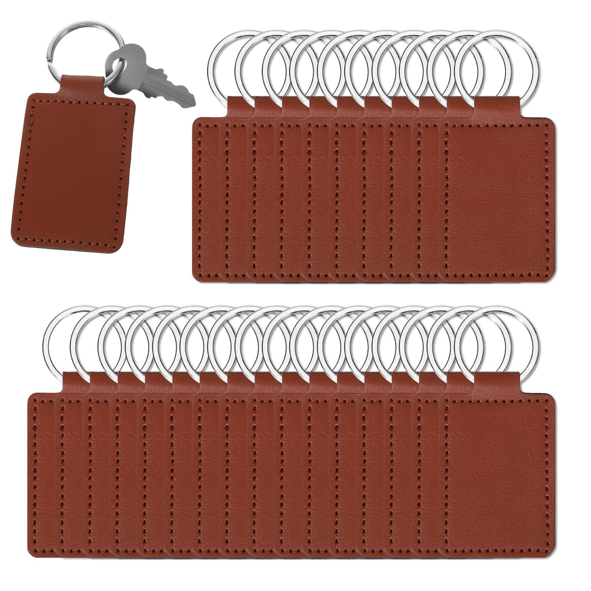 Qianyu 50 Pcs Leather Key Fob Kit PU Blanks with Rivets Key Ring Rectangular Leather Car Keychain Laser Engraving Keychain Universal Keys Chain Holder for Craft Making Stamping DIY Working