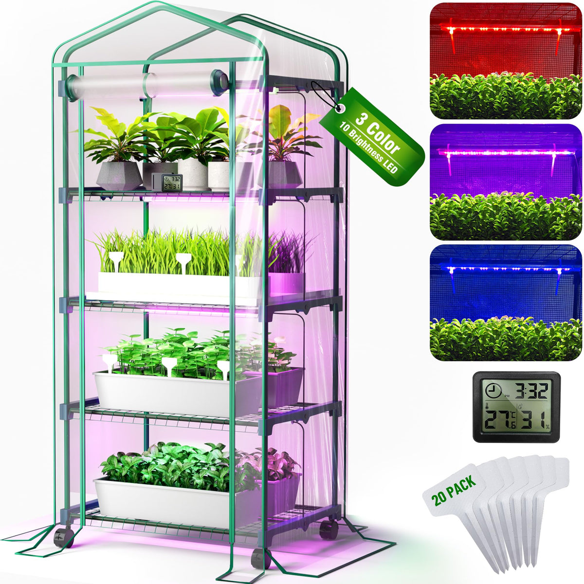 PYY Mini Indoor Greenhouse with Grow Light - Small Portable Outdoor Plant Green House Cabinet with Wheels, Thermometer, PVC Tent Cover, 4 Dimmable 3 Color 2FT 36W LED Kit, 4 Tier Gardening Shelves