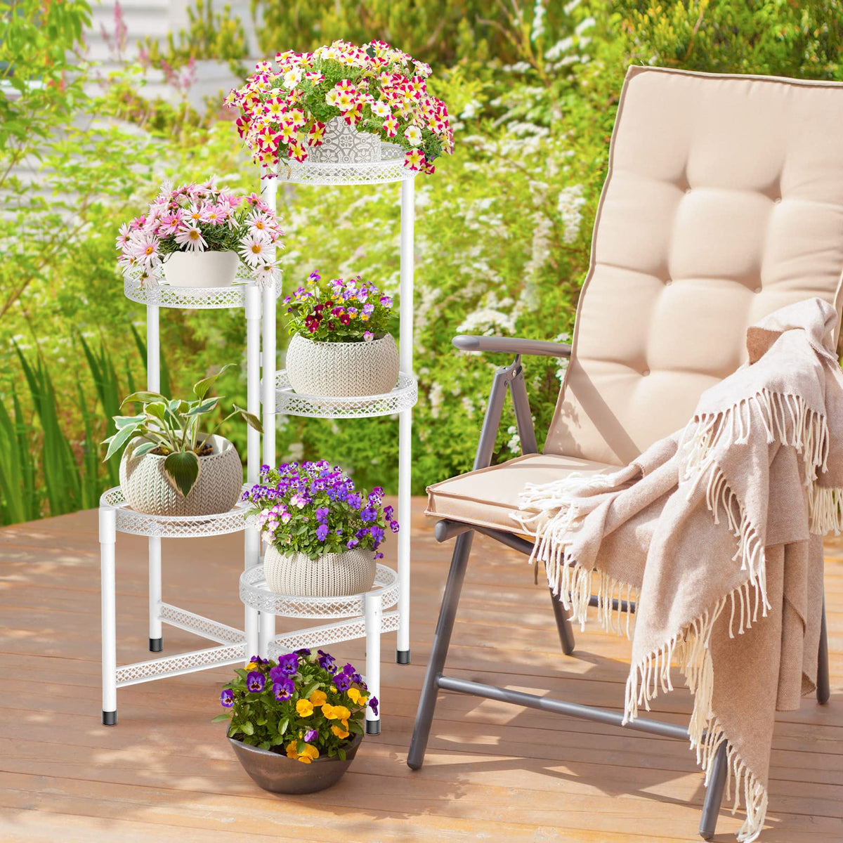 iDavosic.ly Plant Stand Indoor Outdoor, 5 Tier Corner Metal Flower Display Holder Shelf, Folding Tall Orchid Rack for Patio Balcony Porch Garden Living Room House, Wrought Iron - White