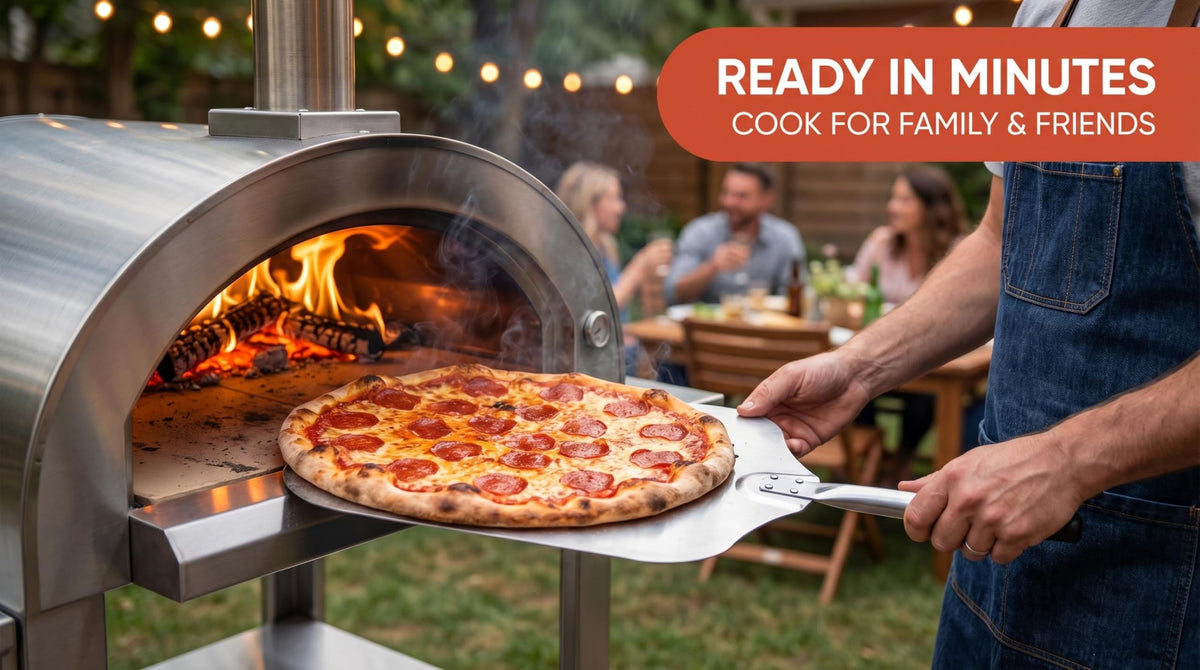 Wood Fired Pizza Oven Outdoor, 44 Inch Large Stainless Steel Wood Burning Camping Oven with Wheels & Accessories, Charcoal Outdoor Oven for Baking Roasting Grilling Searing, for Backyard Garden Patio