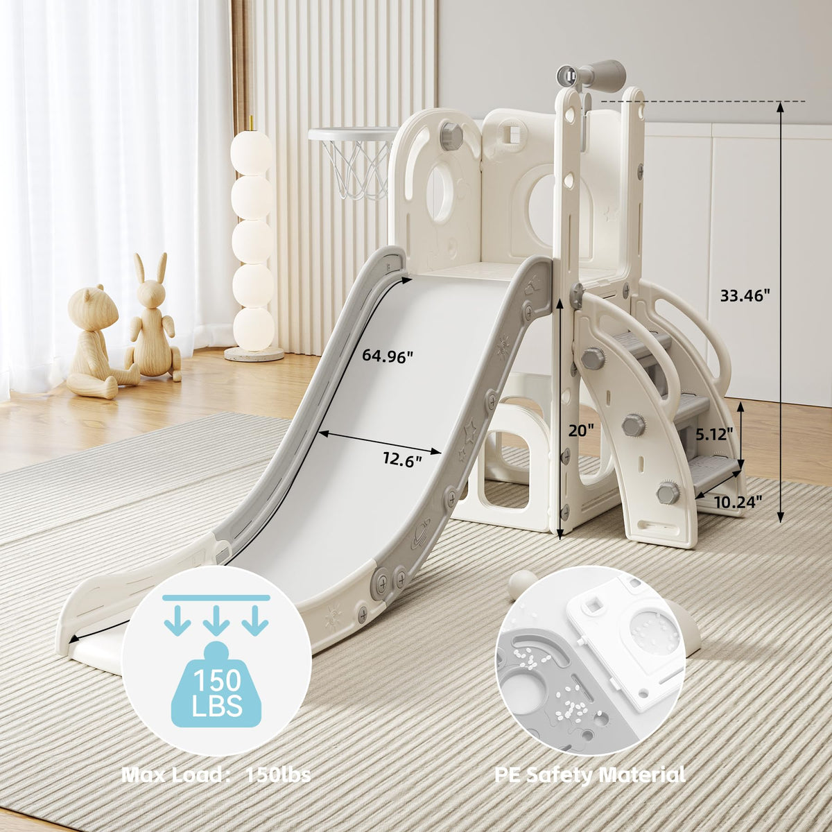 CuFun 6 in 1 Toddler Slide, Indoor Outdoor Playground for Kids 1-3, Baby Slide with Basketball Hoop, Storage, Climber and Telescope,Gray White