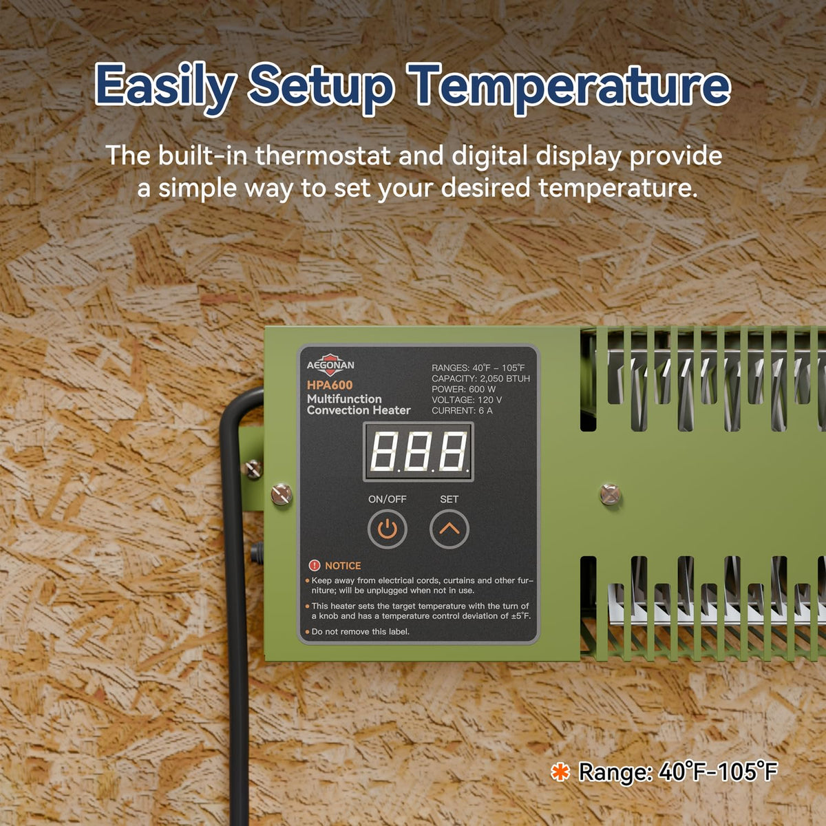AEGONAN Utility Heater with Built-In Thermostat, 600W Electric Pump House Heater 120V, HPA600 Multifunction Convection Heater, Freeze Protection in Pump Houses, Utility Rooms, etc, Army Green