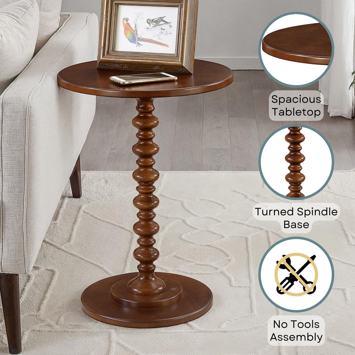 Convenience Concepts Palm Beach Spindle Table 17.75" - Traditional Round End Table for Living Room, Turned Solid Wood Side Table, Classic Display Pedestal Table, Espresso
