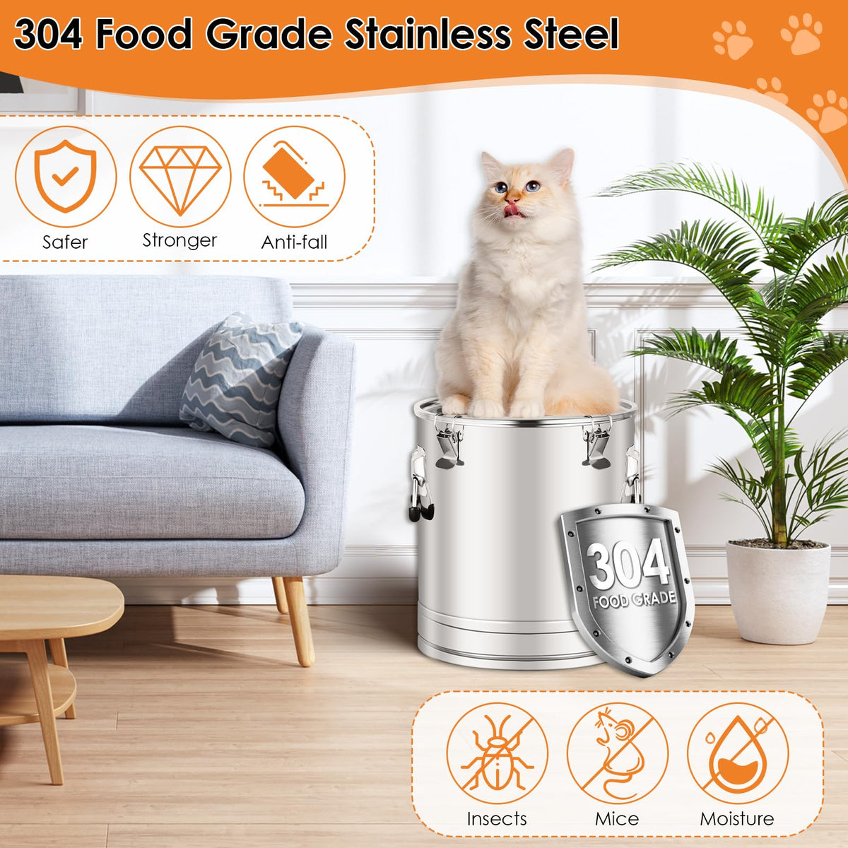 Stainless Steel Dog Food Storage Container,50LB/55LB Airtight Dog Food Storage Container with Lid to Keep Fresh,Easy Clean Large Pet Food Storage Container with Scoop for Cat Food,Chicken Feed,Rice
