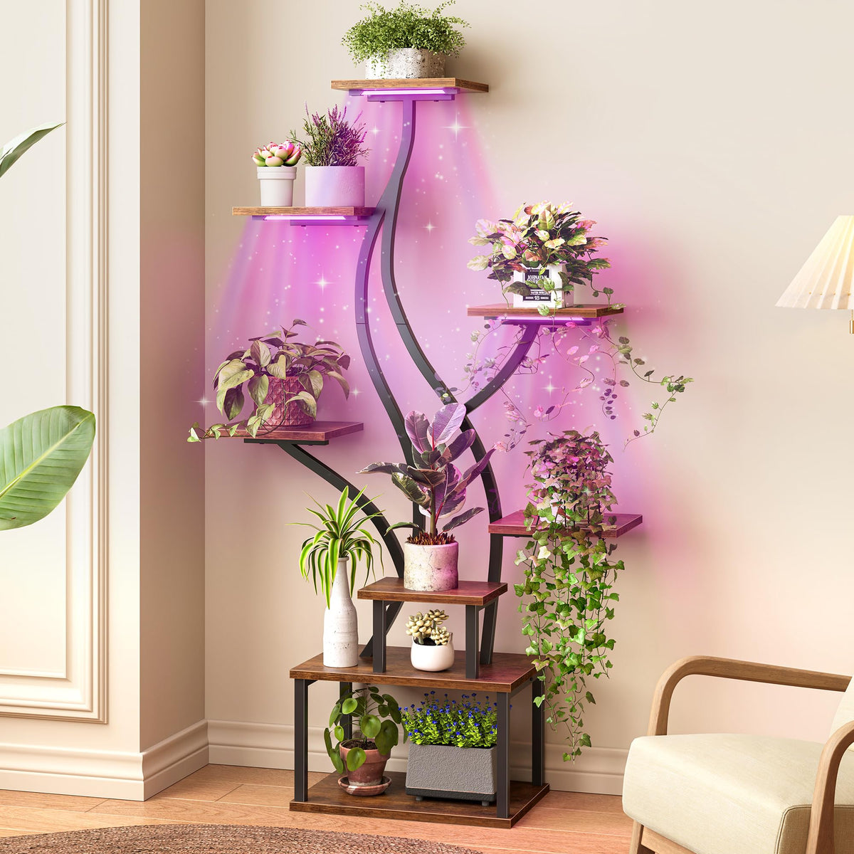 PRAISUN 51.3 Inch Plant Stand with Grow Light, 6 Tiered Indoor Plant Shelf with Larger Flower Holder, Pine-Shaped Stand, 3 Light Modes, Open Base, Corner Plant Rack for Living Room, Rustic Brown