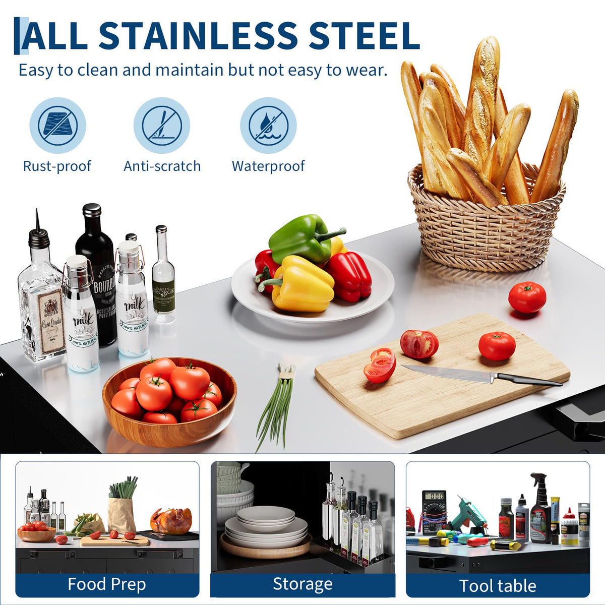 GarveeLife Grill Table, Outdoor Grill Cart with Storage Cabinet, Movable Outdoor BBQ Grilling Table, Made Entirely of Stainless Steel, Outdoor Grilling Station for Kitchen Prep, Lawn & Garden