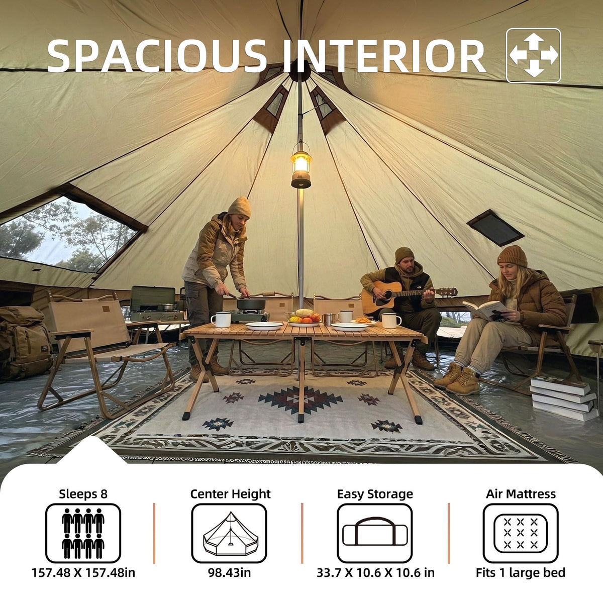 KEIKI 4 Season Canvas Bell Tent 13.1 FT Waterproof All Weather Glamping Yurt Tent, Luxury Hot Tent Stove Jack, Breathable Large Family Camping Teepee for 6 People Outdoor Adventure & Party, Beige