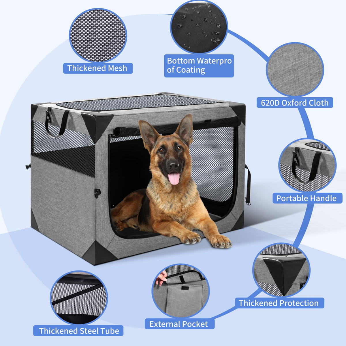 Dog Crate,36x25x25 Inch Large Dog Crate for Large or Medium Dogs, Portable and Foldable Design of Dog Cage, Perfect for Travel or Home Use, Dog Kennel with 3-Door and Durable Mesh Windows, Light Grey
