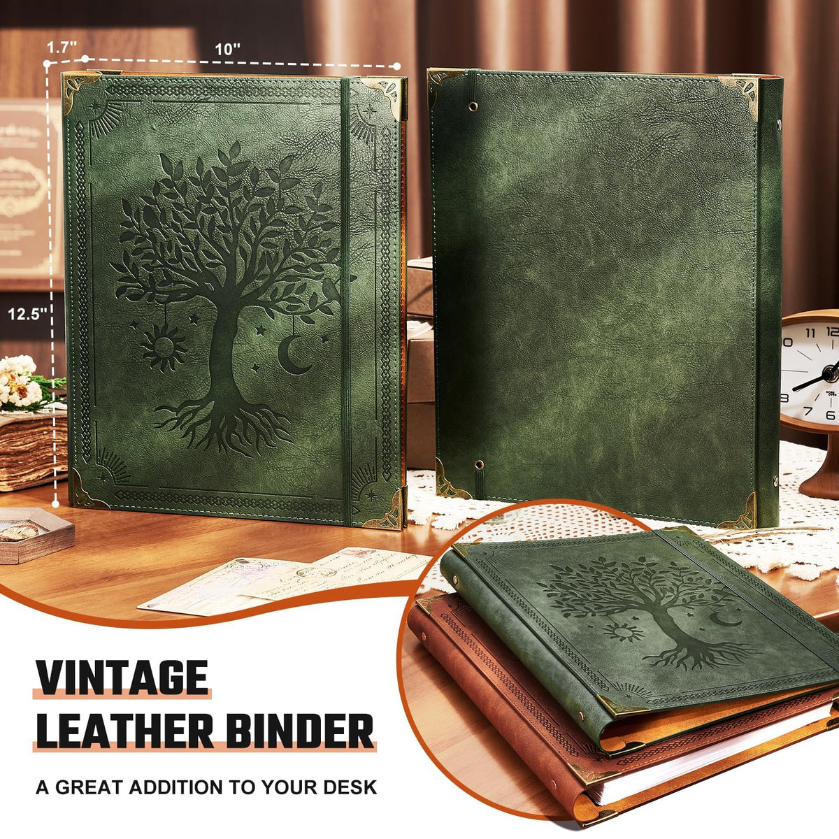 Ovesmusl Leather 3 Ring Binder Fits 8.5"x11" Letter Size Paper, 1 Inch Round Ring Binder Holds 200 Sheets, Notebook Cover Loose Leaf Organizer, Green Tree