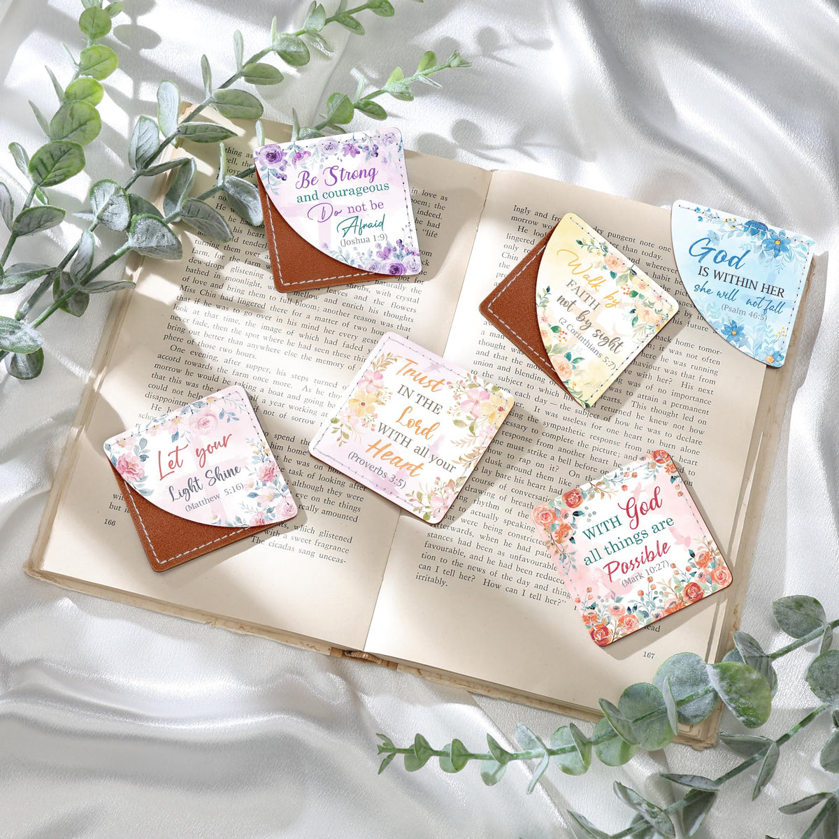 Celavoy Christian Leather Bookmark Gifts - 6 Pcs Bible Verse Cross Corner Bookmarks for Women Book Lover Religious Flower Page Markers Reading Accessories Bookish Gift for Birthday Christmas Church