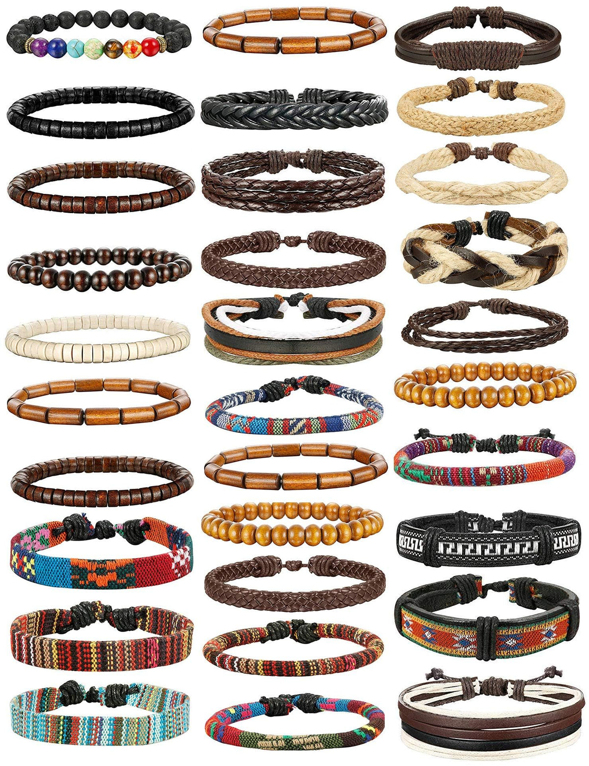 FIBO STEEL Braided Leather Bracelets for Men Women - Wooden Beads Cool Wrap Cuff Bracelets Mens Hemp Tribal Wristbands Punk Vintage Bracelet Set 31 Pcs