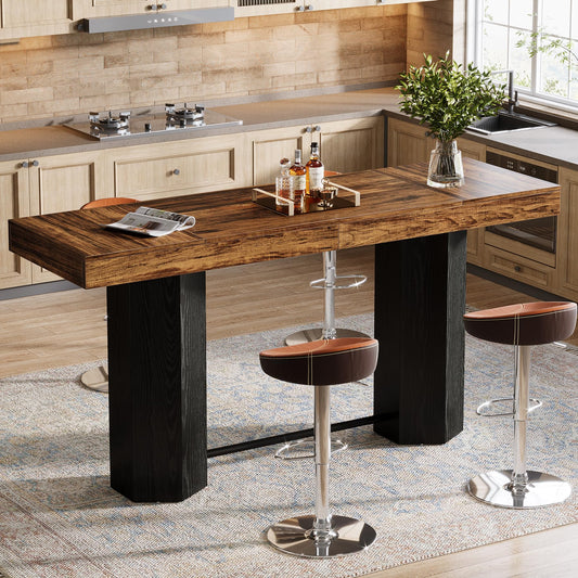 Tribesigns 70.9" Extra Long Bar Table, Industrial Counter Height Table, Rectangular Bar Height Tables with Metal Footrest for Kitchen Dining Room, Living Room, Pub (Rustic Brown & Black)