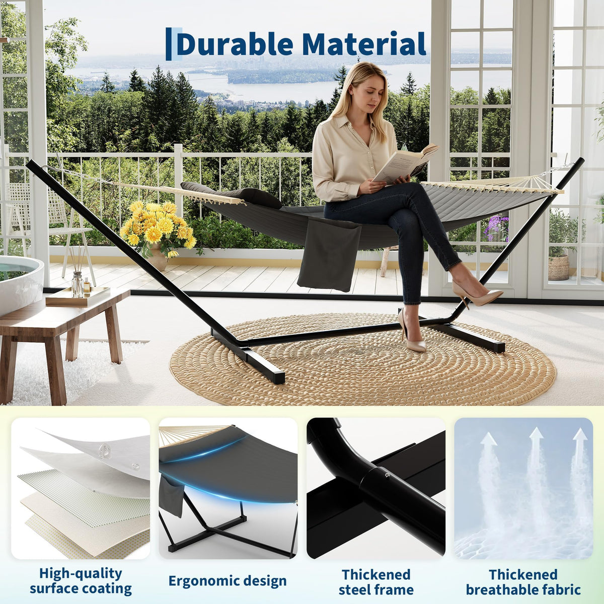 Double Hammock with Stand - Heavy Duty Portable 2 Person Design with Adjustable Steel Stand, Max 450LBS, Ideal for Outdoor Patio, Garden, Beach & Backyard