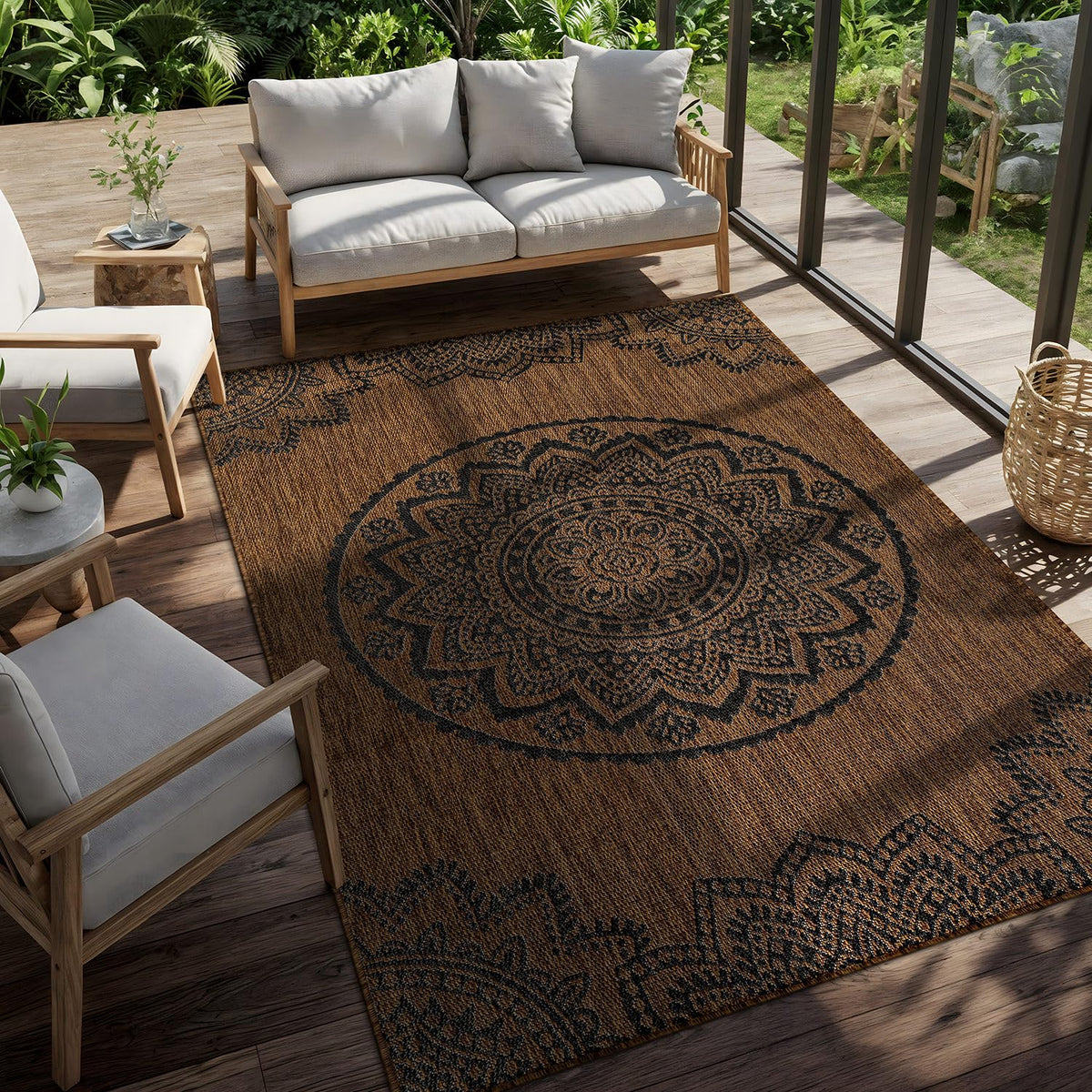 CAMILSON Outdoor Rug 8x10 Modern Area Rugs for Indoor and Outdoor Patios and Porches - Waterproof Washable Non-Shedding Easy-to-Clean Outside Carpet (8 x 10 Medallion - Gold/Black)