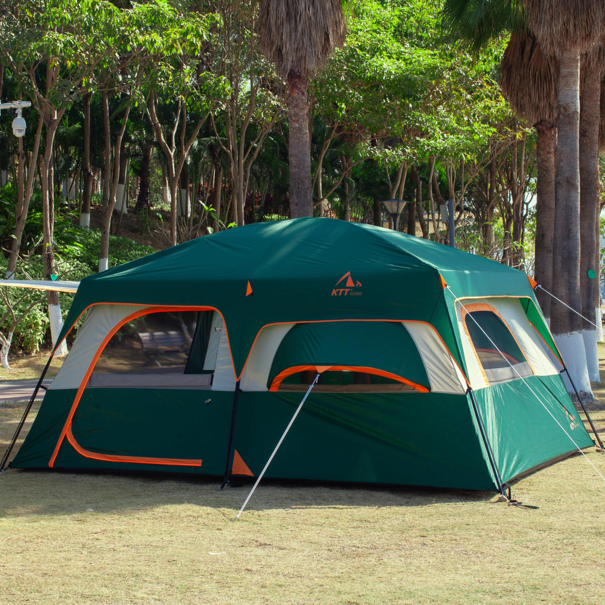 KTT Extra Large Tent 12 Person,2 Bay-Windows,Family Cabin Tents,14'Lx10'Wx6.58'H,2 Rooms and 3 Doors 3 Windows with Mesh,Waterproof,Straight Wall,Big Tent for Outdoor,Picnic,Camping,Gathering(Green)