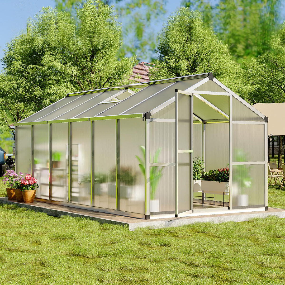 8x12 FT Greenhouse, Easy Assembly Aluminum Polycarbonate Greenhouses for Outdoors with Roof Vent, Large Aluminum Walk-in Greenhouse for Sunroom Patio, Backyard, Garden, Sliding Lockable Door, Silver