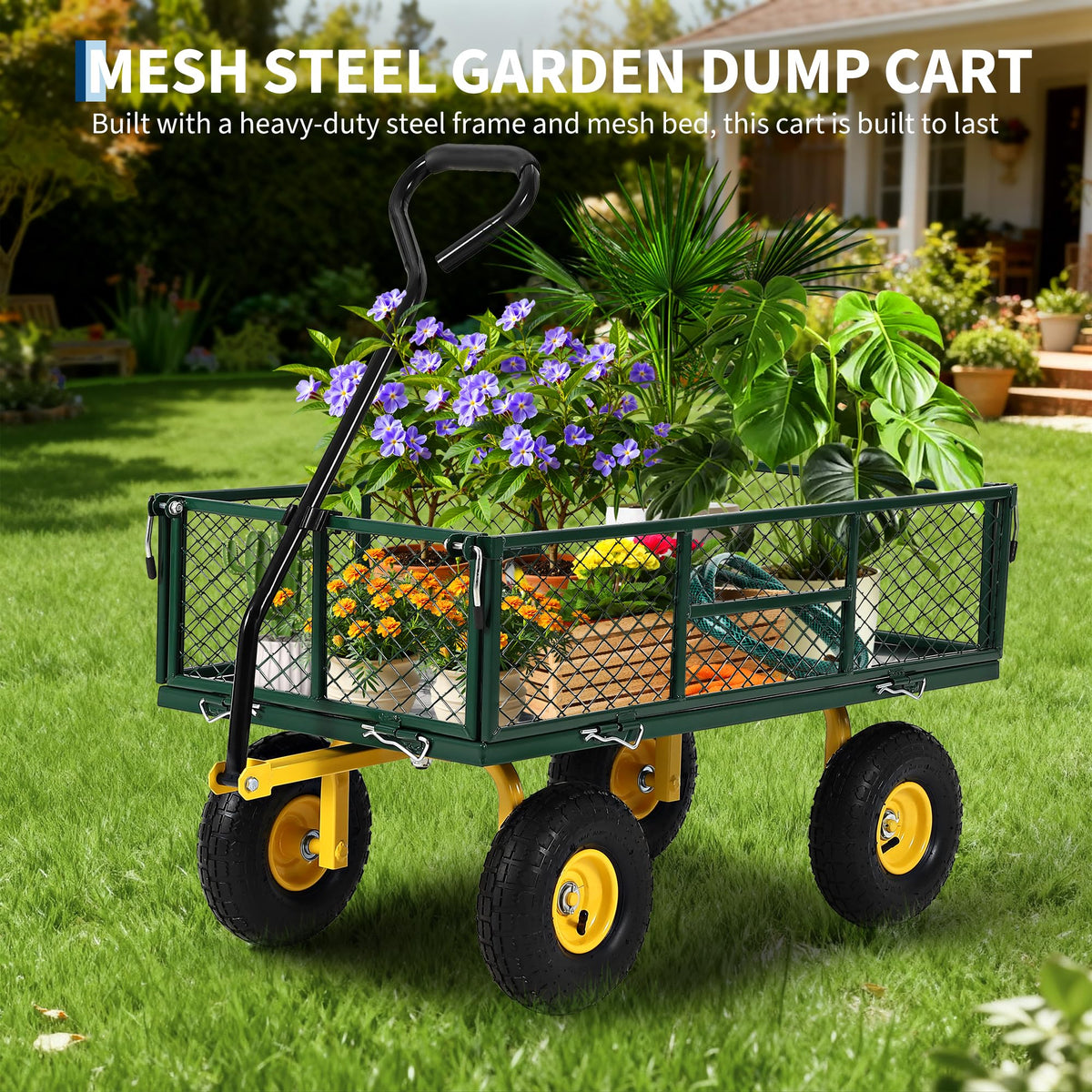 900 lbs Heavy Duty Steel Garden Cart, Garden Wagon Cart on Wheels, Outdoor Metal Yard Utility Wagon Carts with and Mesh Removable Sides and 180°Rotating Handle,Green