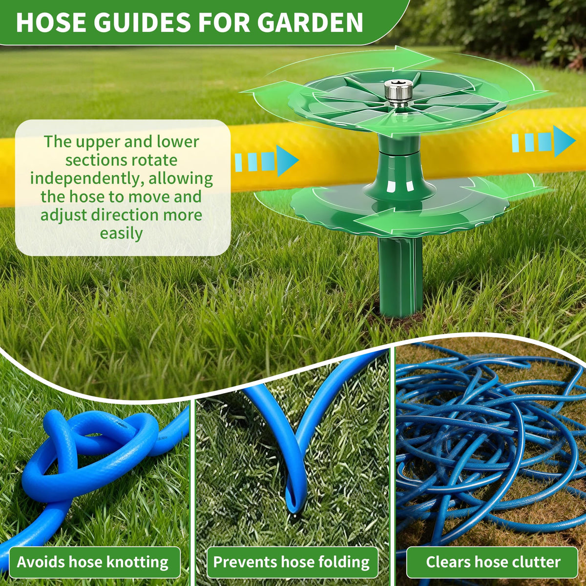 2 Pack 10 Inch Garden Hose Guide Stakes, Upgraded Reinforced Disc, Rotatable Double-Disk Sun Protection Heavy-Duty Plastic Stake, Hose Guard for Yard, Lawn & Flower Bed Landscaping (Green 2Pcs)