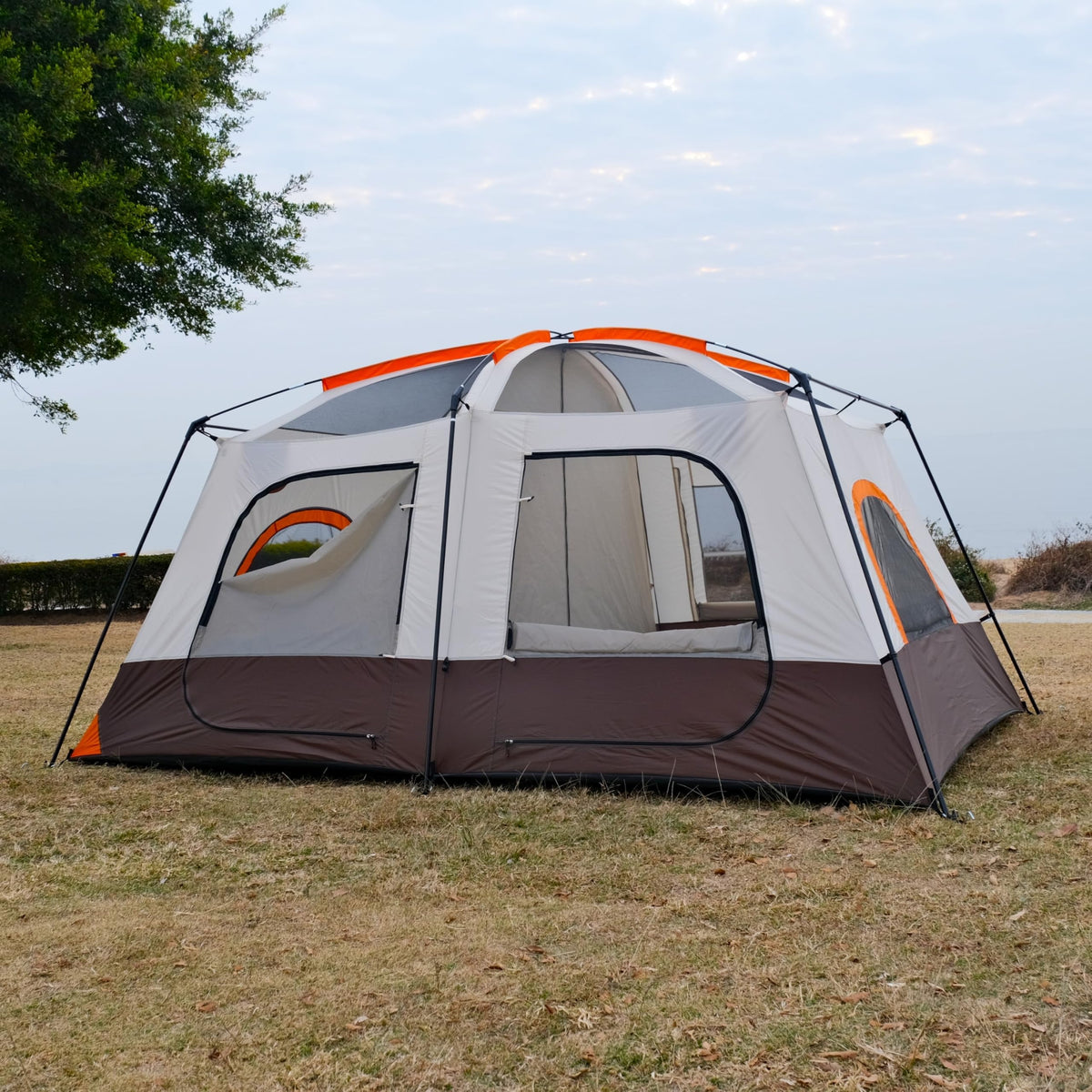 KTT Large Tent 8-10 Person,Family Cabin Tents,2 Rooms,2 Doors and 4 Windows with Mesh,Straight Wall,Waterproof,Double Layer,Big Tents for Outdoor,Picnic,Camping,Family Gathering(Brown)