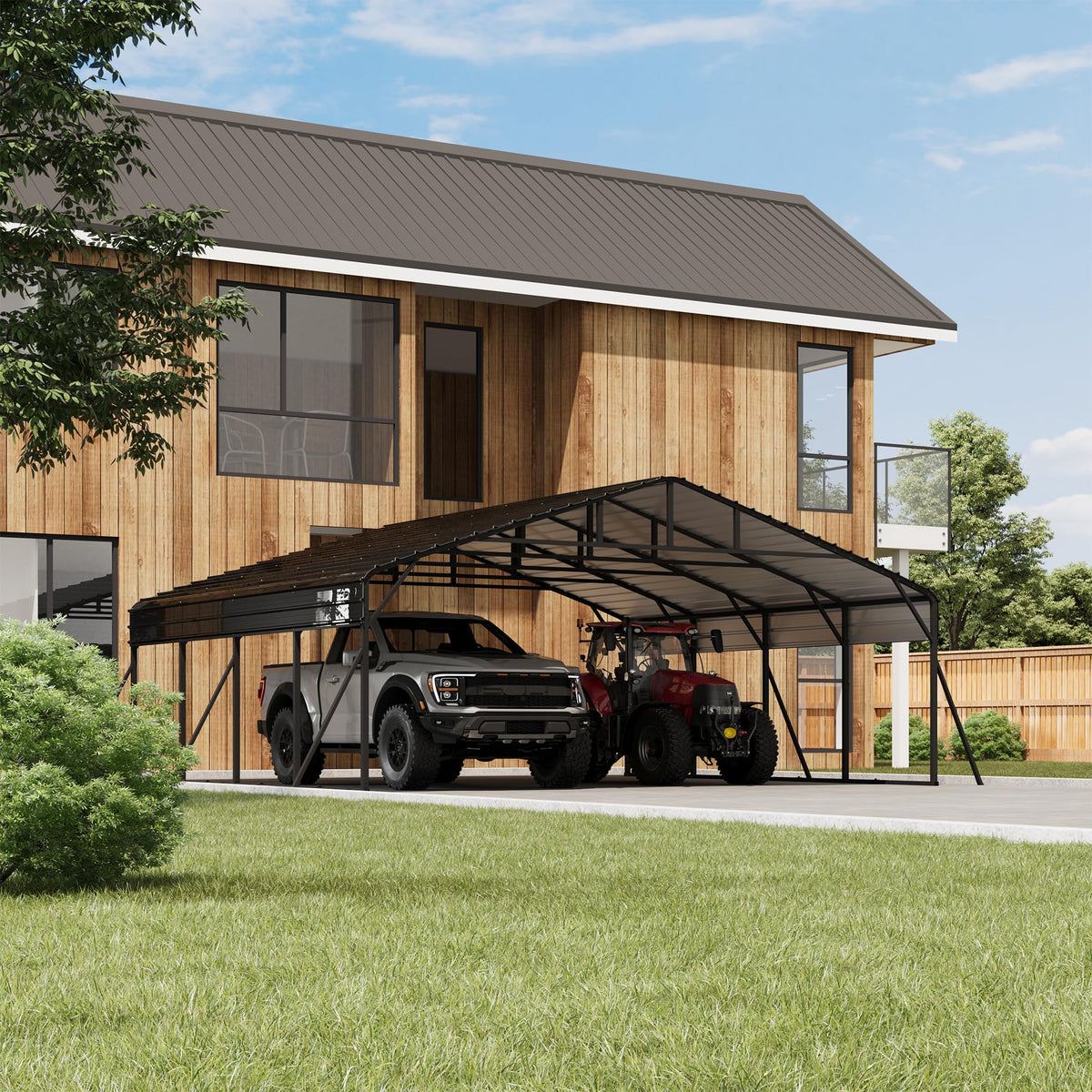 20 x 20 FT Metal Carport with Galvanized Steel Roof, Heavy Duty Metal Roof Carport with Enhanced Base, Tall MetalCarport Kits Garage for Tractors, Trucks, Boats, Cars