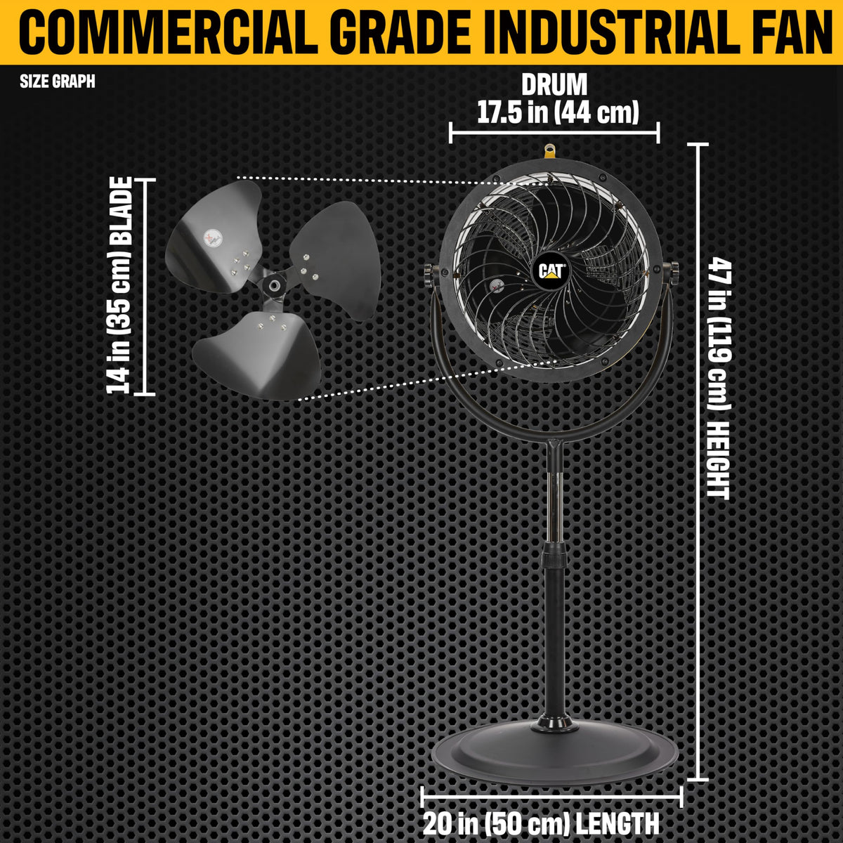 CAT fans - 14”-Blade High-Velocity Pedestal Drum Fan Industrial Grade (Yellow, 4-in-1): 2,300 CFM, 4-Speed, 360 Degree Adjustable Tilt, Dual Ball Bearing Motor with Die-Cast Cover (HVPD-14AC)