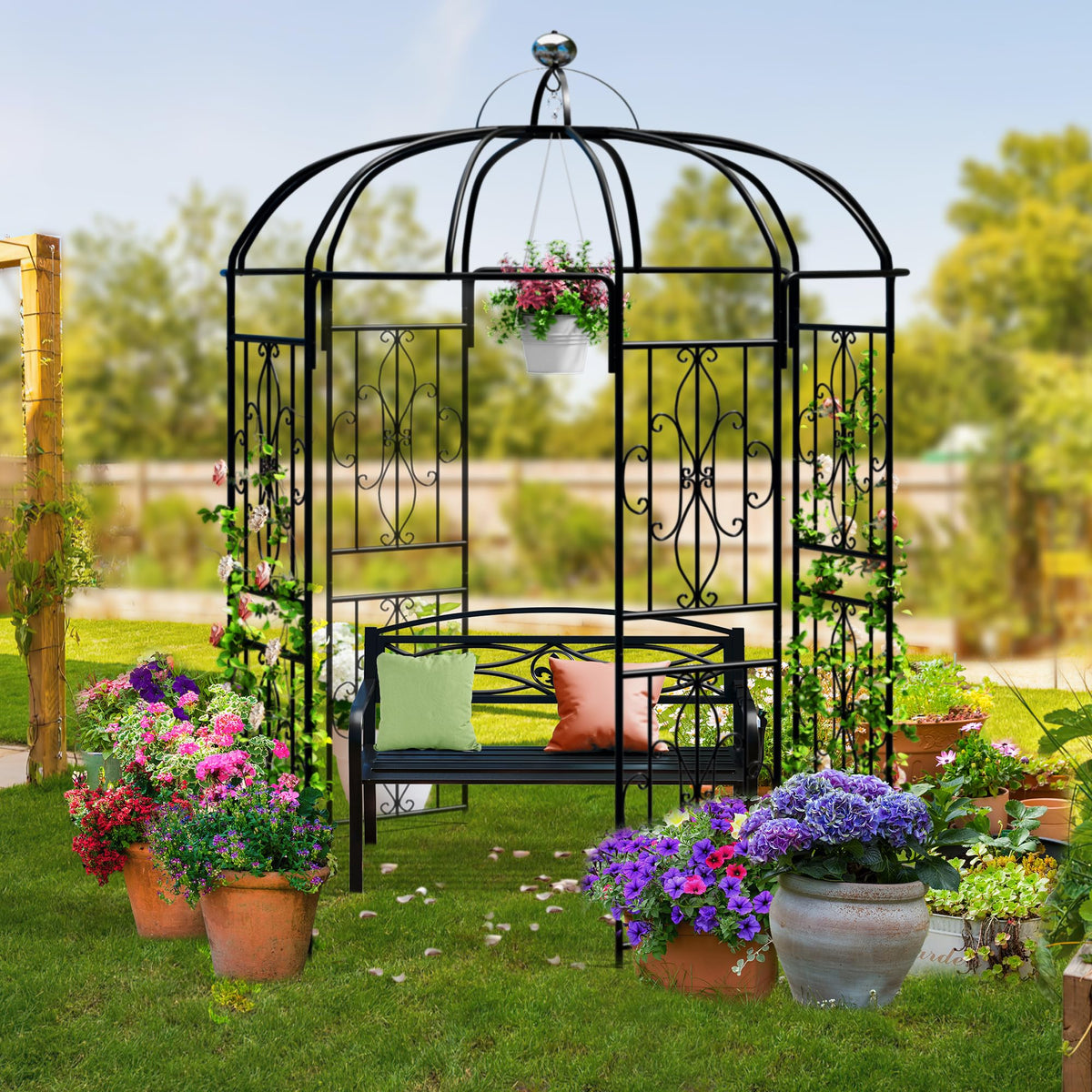Ultym Birdcage Shape Garden Arch Arbors, 9.8'H x 6.8'W (81.5"W x 118"H) Pergola Pavilion for Climbing Plants Outdoor, Wedding Arches for Ceremony Party, Metal Garden Arbor for Patio, Backyard (Black)