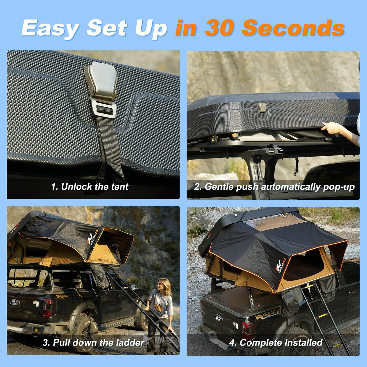 Naturnest Rooftop Tent Hard Shell, Easy Set Up Extra Large Roof Tent for 4 Person Camping Top Tents, Waterproof UV-Resistant 4 Season Tents for Truck, Jeep, SUV, Trailer - Sirius 2 XL