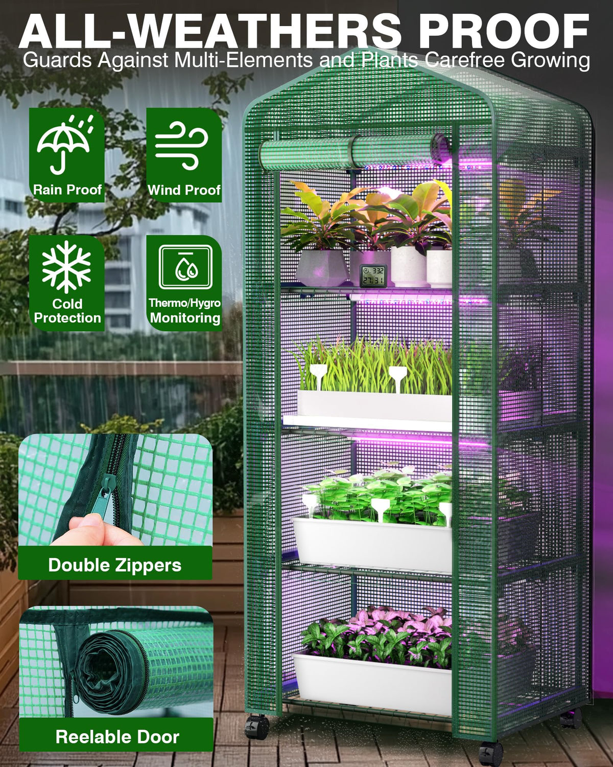 PYY Mini Indoor Greenhouse with Grow Light - Small Portable Outdoor Plant Green House Cabinet with Wheels, Thermometer, PE Tent Cover, 4 Dimmable 3 Color 2FT 36W LED Kit, 4 Tier Gardening Shelves