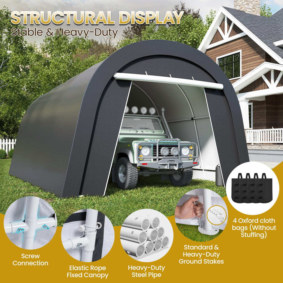 Kiss the Water Heavy Duty Domed Carport with 4 Cloth Bags and 2 Roll-up Doors, Portable Garage Storage Shelter Shed for Cars, Truck, or Garden Tools, 13' x 20'