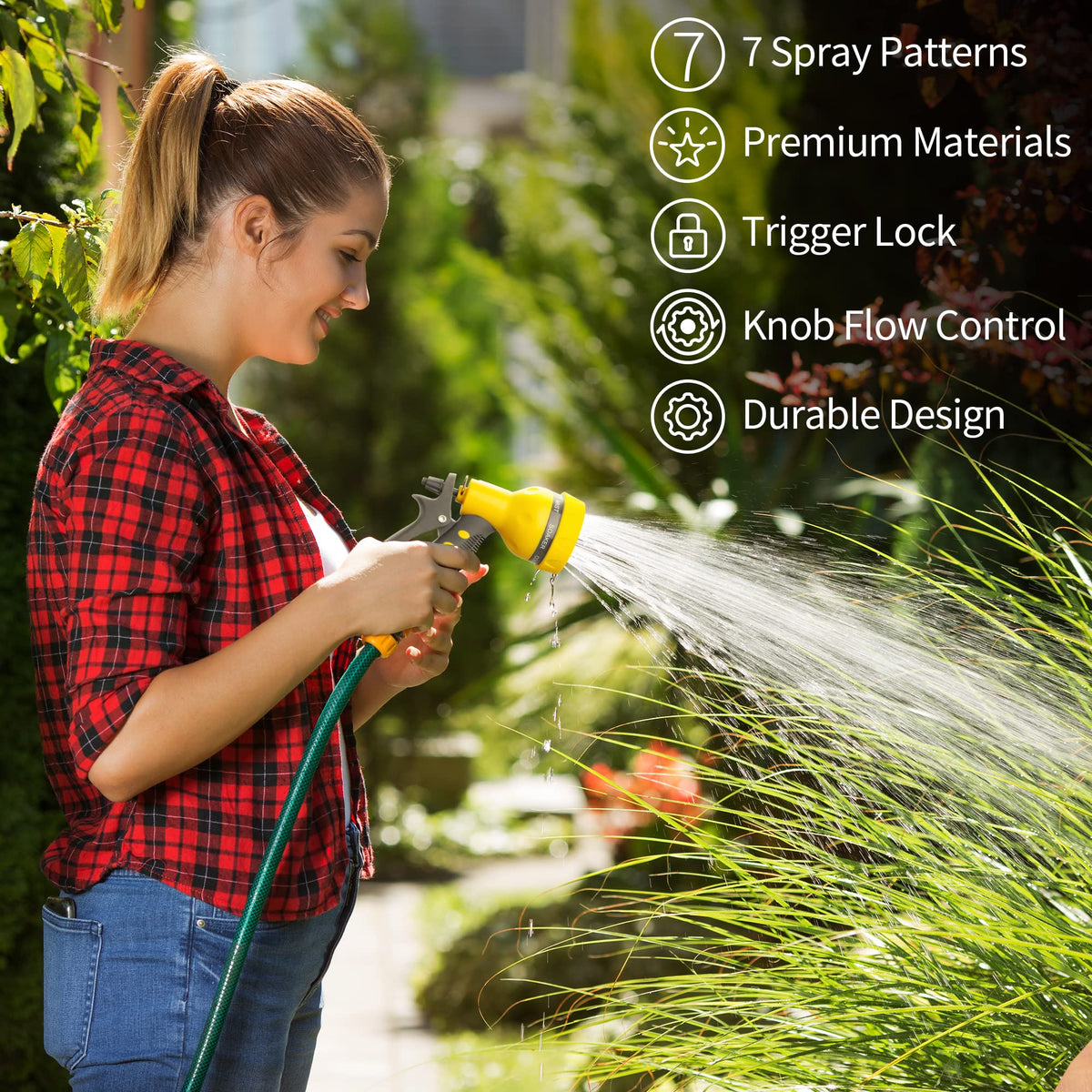 AUTOMAN-Garden-Hose-Nozzle,ABS Water Spray Nozzle with Heavy Duty 7 Adjustable Watering Patterns,Slip Resistant for Watering Plants,Lawn& Garden,Washing Cars,Cleaning,Showering Pets - Yellow