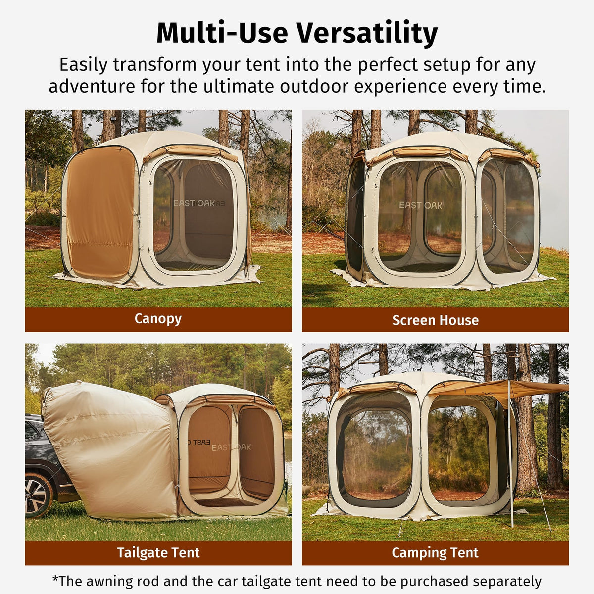 East Oak 10×10 FT Pop Up Canopy Tent with Mesh Walls | Outdoor Screen House with 6 Sunshades | Waterproof Gazebo with Carry Bag | Portable Shelter for Camping, Patio, and Beach | Beige