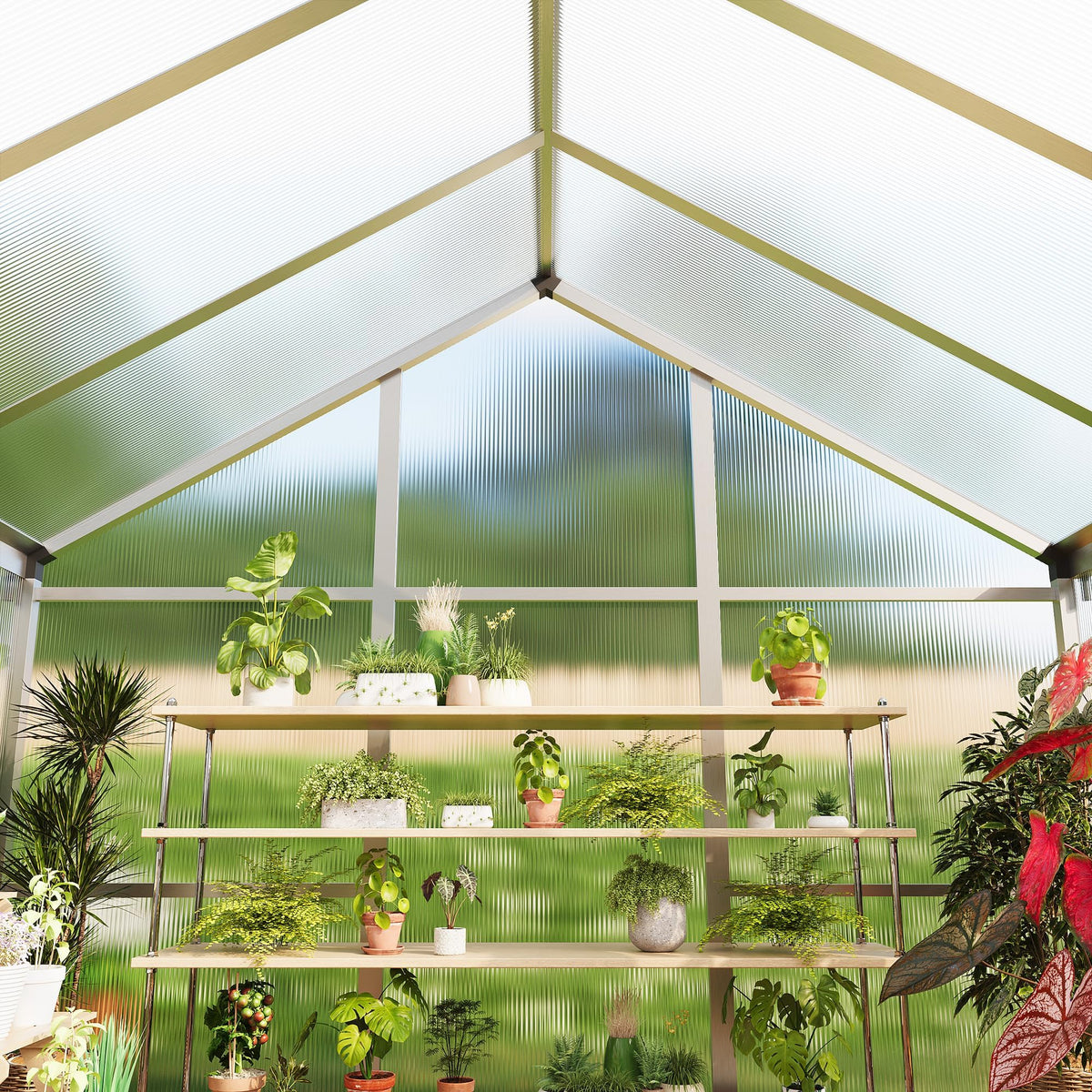 8x12 FT Greenhouse, Easy Assembly Aluminum Polycarbonate Greenhouses for Outdoors with Roof Vent, Large Aluminum Walk-in Greenhouse for Sunroom Patio, Backyard, Garden, Sliding Lockable Door, Silver