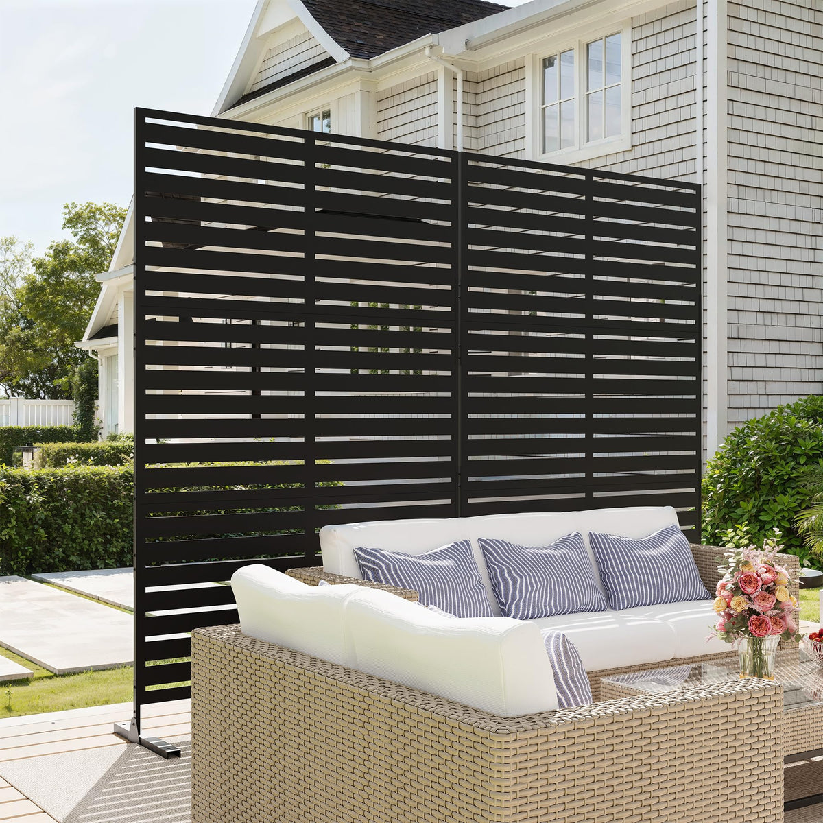 Garvee 72" H x 47" W Outdoor Metal Privacy Screen, 6FT Decorative Privacy Fence Freestanding Panels with Stand, Room Dividers, Patio Metal Screen Panel for Garden Yard Balcony Deck, Black