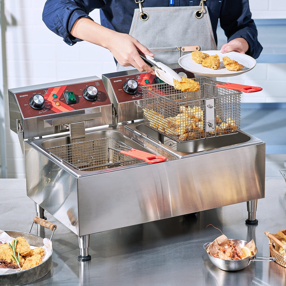 EGGKITPO (ECF3-NG) 40LB 90,000 BTU Natural Gas Fryer and 10L×2 Commercial Fryer with Timer and Basket Dual Tank Fryer(120v 3600w)