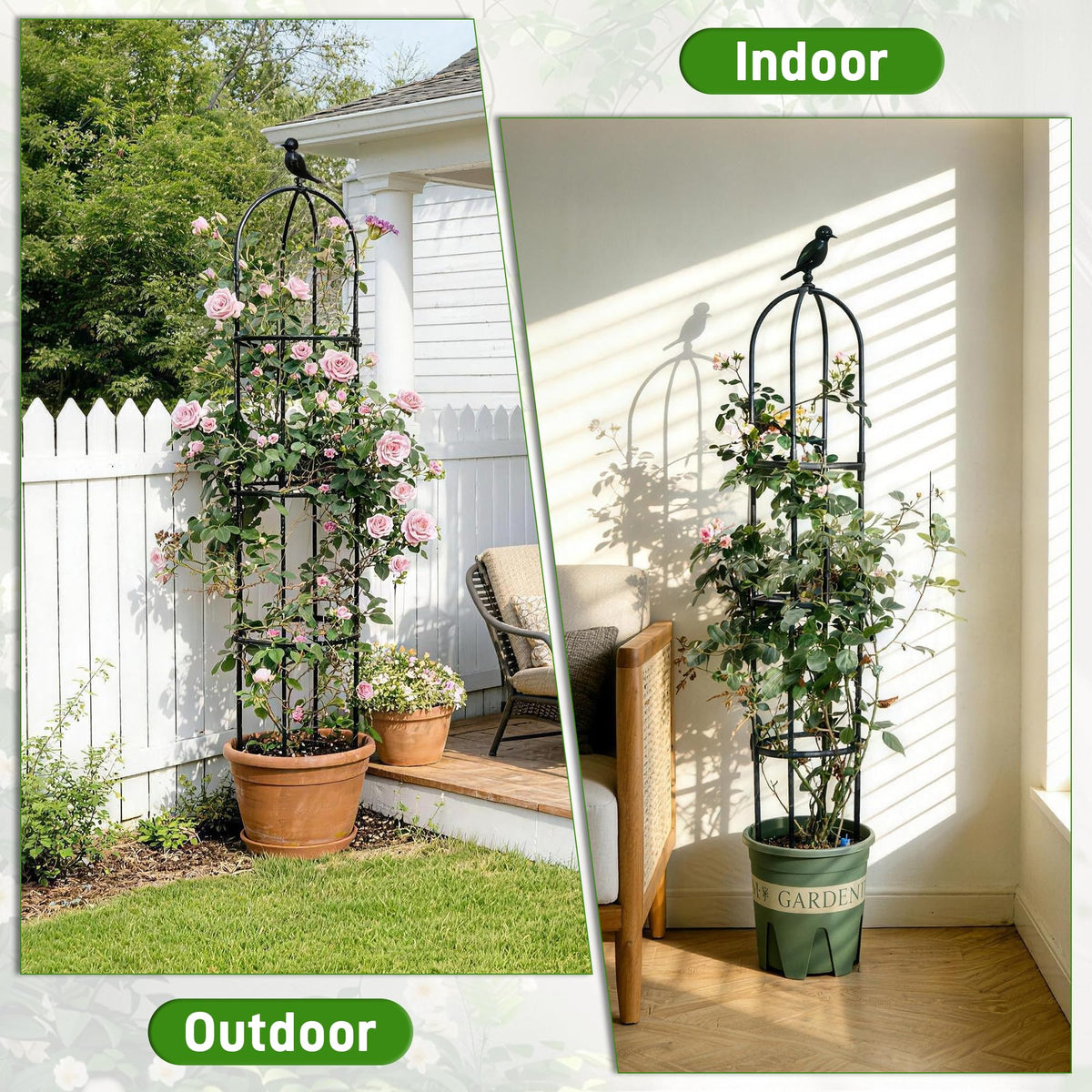6ft Garden Obelisk Trellis for Climbing Plants-Rustproof Metal Pipe with Heavy Duty Plastic Coated, Garden Outdoor Indoor Potted Plant Support for Clematis Vine Jasmine Support （Black）