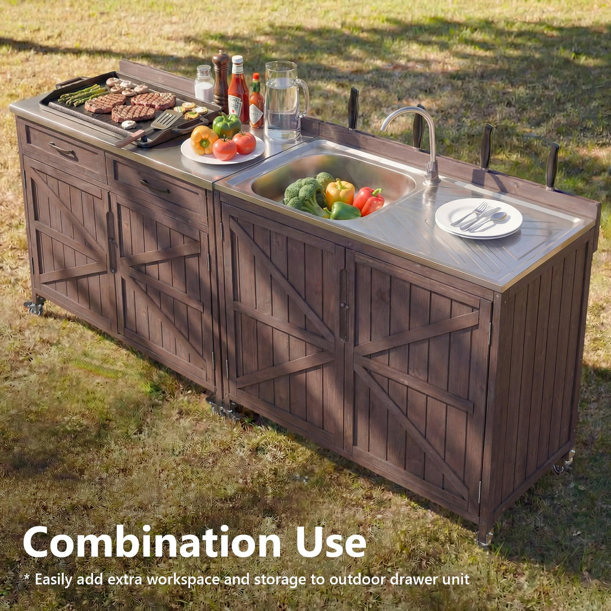 Merax Farmhouse 39.4" Outdoor Grill Cart with Stainless Steel Sink & Back Splash, Wood Rolling BBQ Prep Table w/Storage Cabinet & 4 Lockable Wheels for Patio and Outdoor Cooking,Dark Brown