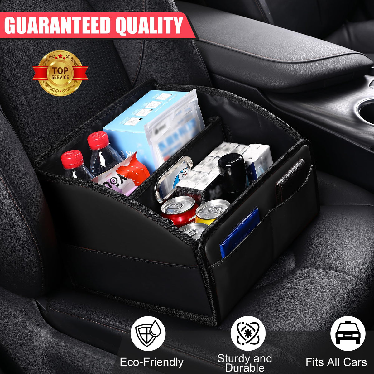 Uplien Car Storage Organizer [2025 UPDATED] Leather Car Caddy Basket for Front Seat Floor Back Seats Metal Handle 6 Compartments Adjustable Strap Buckles Slip-Resistant (Black)