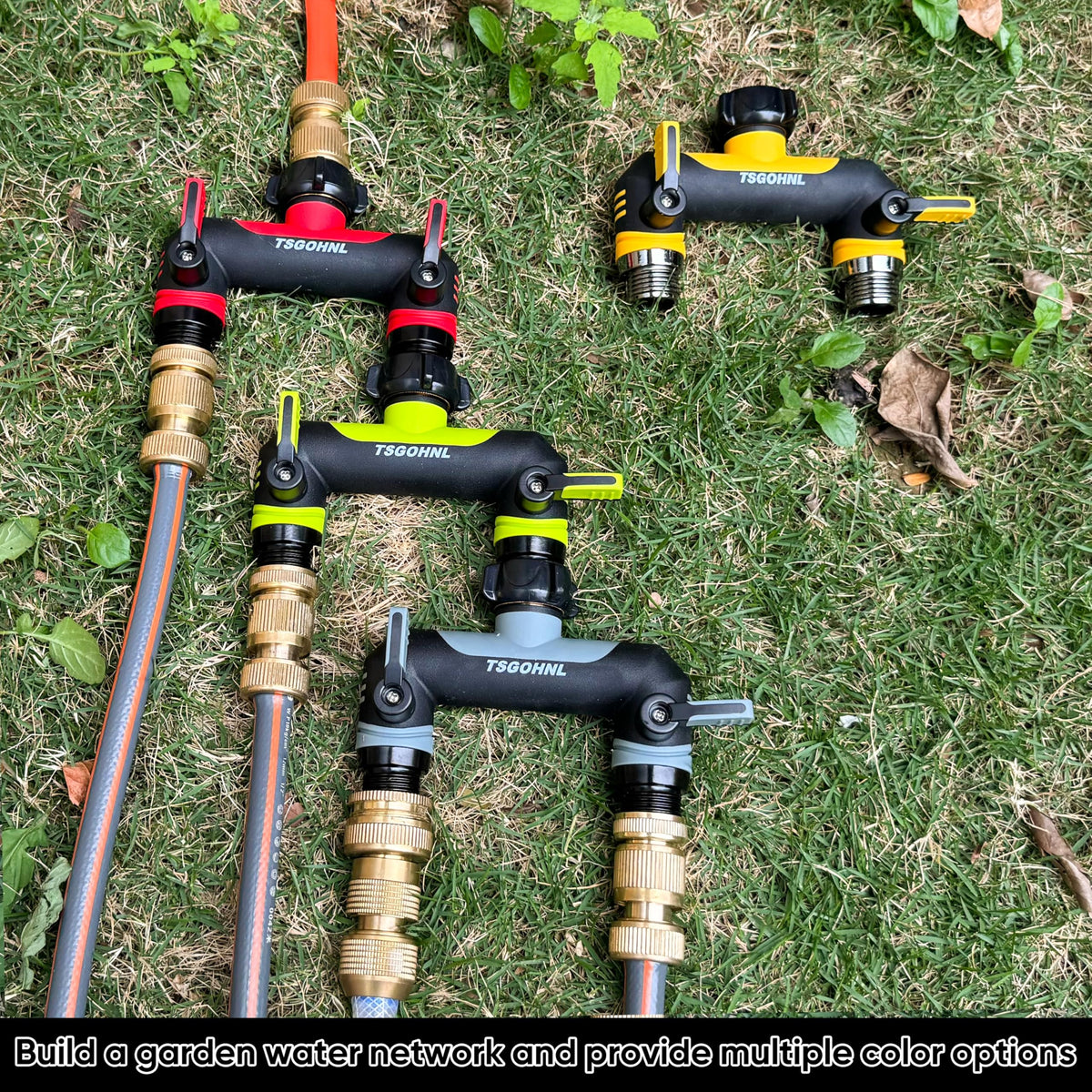 2 Way Garden Hose Splitter, 3/4 Inch Outdoor Faucet Splitter, Hose Manifold with Independent Shut Off Valves, Wide Spacing for Hose Timers, Sprinklers, Lawn, Yard and Garden Watering - yellow